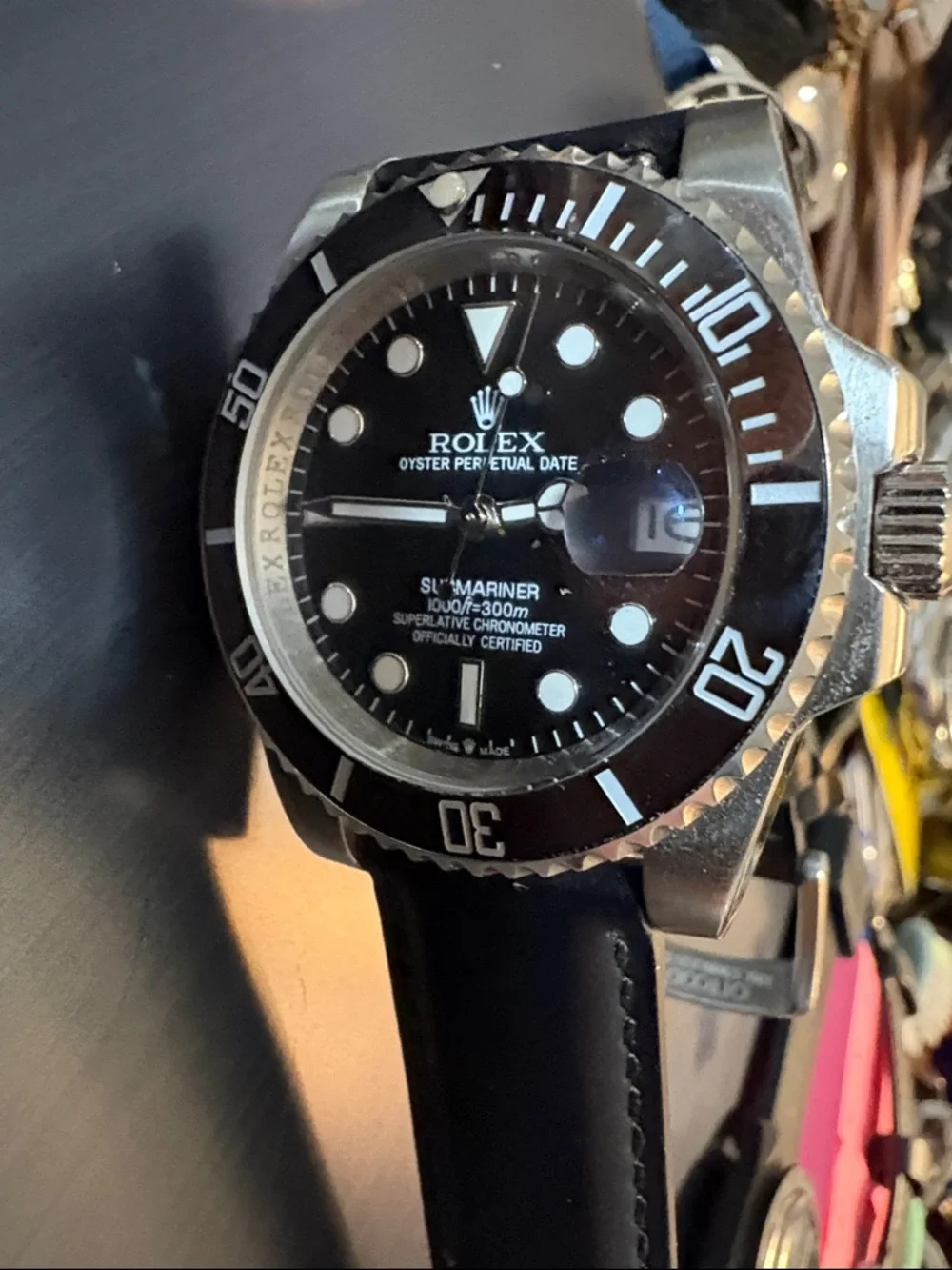 Rolex Black Dial Watch with Silver Accents and Black Leather Strap - Picture 3 of 3